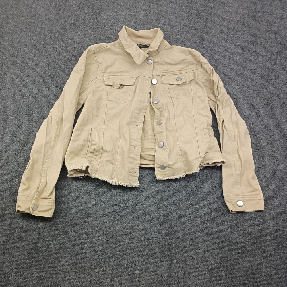 Baccini Denim Jacket Womens Medium Beige Cotton Frayed Hem Button Front Coat